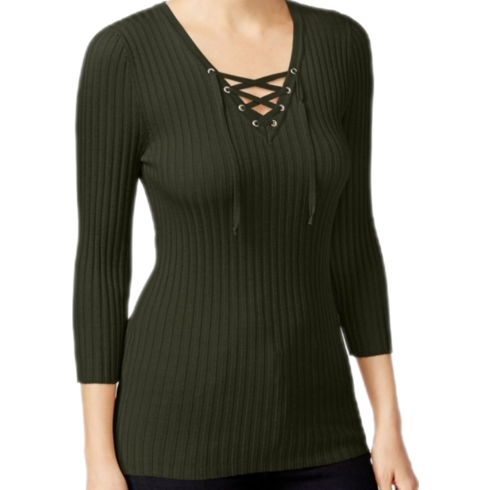 Hooked Up by I.O.T. Green Ribbed Long Sleeve Lace Up V Neck Top Size Medium - Picture 2 of 8